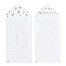 Two white hooded baby bath towels featuring an elephant circus design on the hoods.