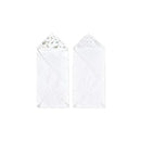 Hooded baby bath towels featuring dino jungle print, soft white material, and triangular hoods for warmth.