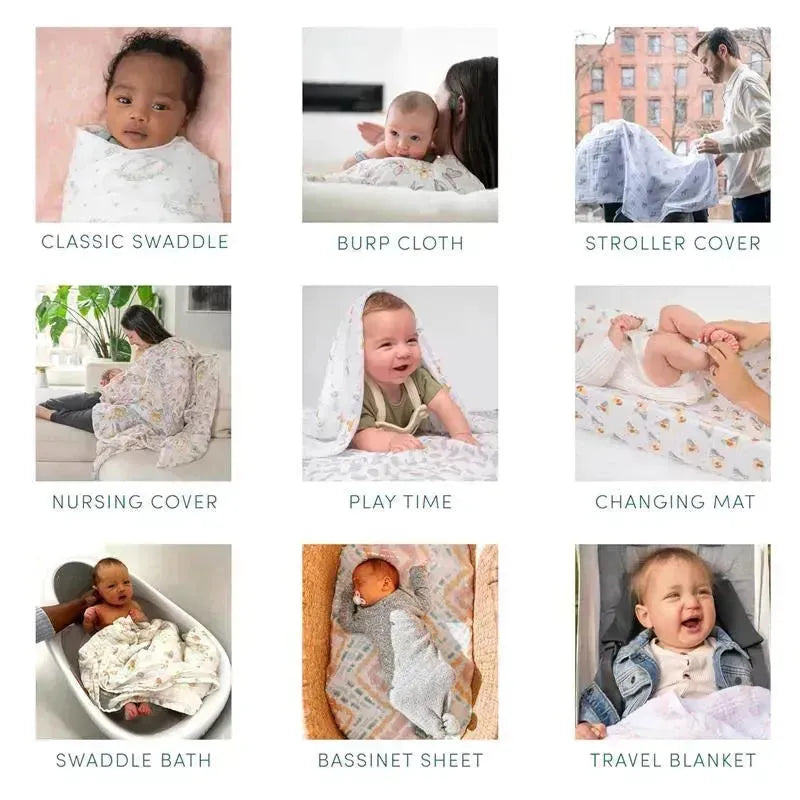 Aden + Anais 3-Pack Swaddles in floral design; features various uses including swaddling, nursing cover, and stroller cover.