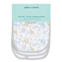 Three cotton muslin snap bibs featuring animal illustrations, packaged under the Aden + Anais brand.