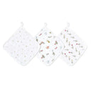 Set of three Aden + Anais washcloths featuring playful elephant circus designs and colorful star accents.
