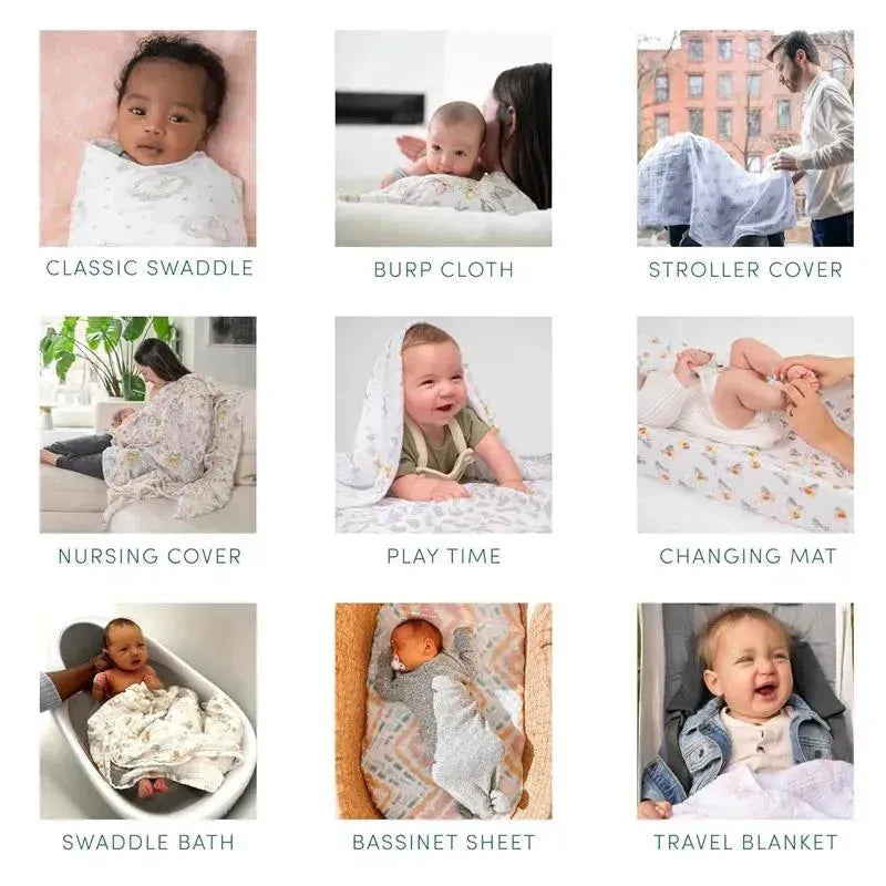 Aden + Anais 3Pk Elephant Circus Washcloth Set, featuring versatile baby essentials: swaddle, burp cloth, nursing cover, and more.
