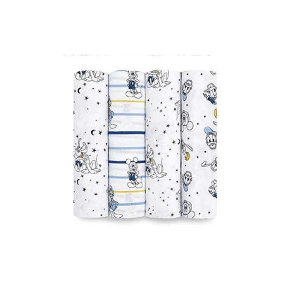 Four muslin swaddles featuring Disney characters like Mickey Mouse and Donald Duck, with star and stripe patterns.