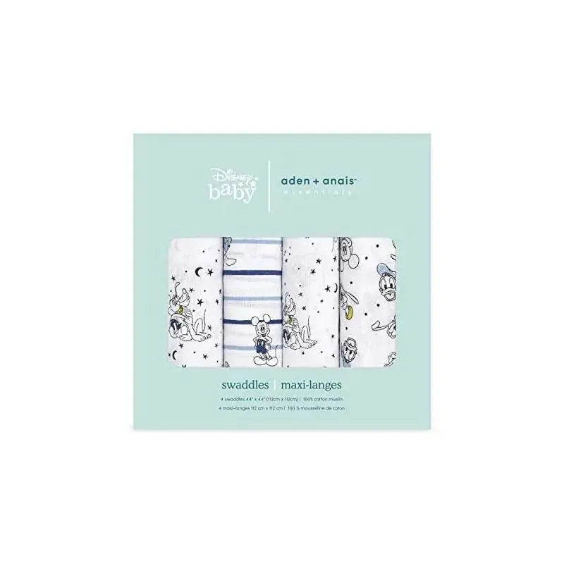 Aden + Anais 4-pack muslin swaddles featuring Mickey Mouse designs in various patterns, ideal for wrapping infants.
