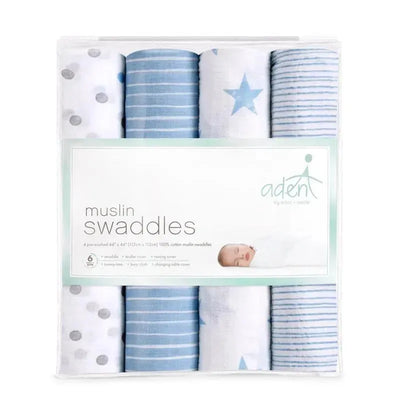 Four cotton muslin swaddles in various blue and white designs, packaged for baby use by Aden + Anais.