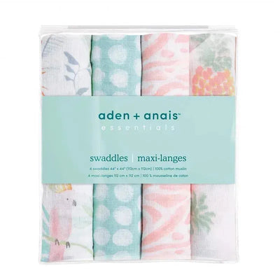 Aden + Anais 4 Pack Muslin Swaddles featuring colorful patterns, made of 100% cotton muslin, ideal for wrapping infants.