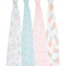 Four muslin swaddles from Aden + Anais with tropical-themed patterns, including flowers, polka dots, and pineapples.