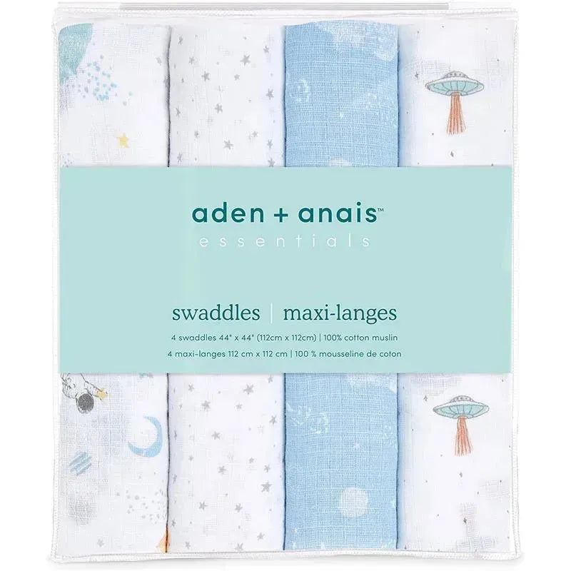 Four Aden + Anais muslin swaddles featuring space-themed designs; includes stars, moons, and UFOs, all in soft cotton.