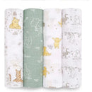Aden+Anais muslin swaddles featuring Winnie the Pooh and friends in soft, playful colors and patterns.