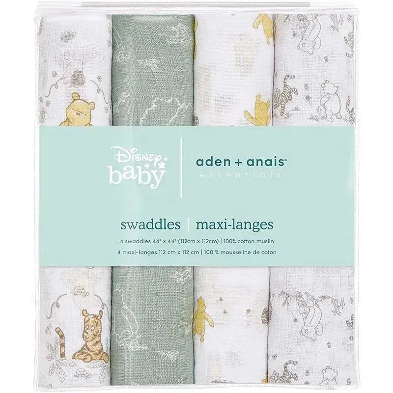 Four-pack of Aden+Anais swaddles featuring Winnie the Pooh and friends, made from 100% cotton muslin.