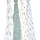 Four muslin swaddles featuring whimsical Winnie the Pooh and friends illustrations in soft pastel colors.