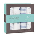 Aden + Anais 4-pack classic swaddles featuring soft, breathable designs in shades of blue and white.