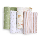 Four packs of cotton muslin swaddles in various designs, including sage green, white with animal prints, and tan stripes.