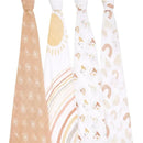 Four Aden + Anais swaddles featuring unique patterns: one with suns, one with rainbow stripes, and two with playful designs.