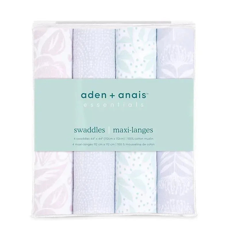 Four Aden + Anais muslin swaddles in pastel colors with floral and patterned designs, packaged for easy storage.