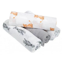 Four muslin swaddles from Aden + Anais featuring animal prints, including tigers and zebras, with one solid gray swaddle.