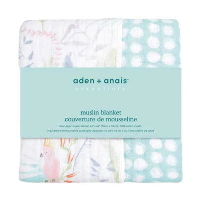 Essentials Muslin Blanket by Aden + Anais, featuring a tropical design with pastel colors and a light polka dot pattern.
