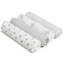 Muslin swaddles in a dusty color scheme, featuring polka dots, stripes, and stars, packaged as a 4-pack.