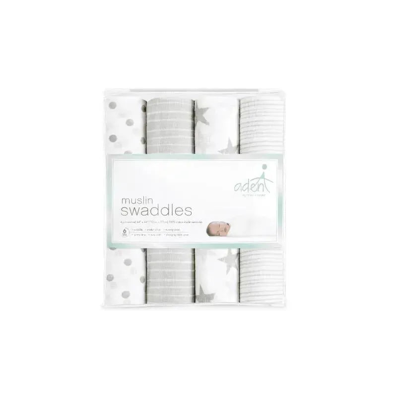 Four Aden + Anais muslin swaddles in a pack, featuring various gray patterns including polka dots and stars.