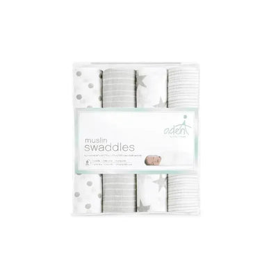 Four Aden + Anais muslin swaddles in a pack, featuring various gray patterns including polka dots and stars.