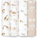 Four rolled swaddle blankets featuring safari-themed prints, including giraffes, zebras, lions, and elephants, in neutral tones.
