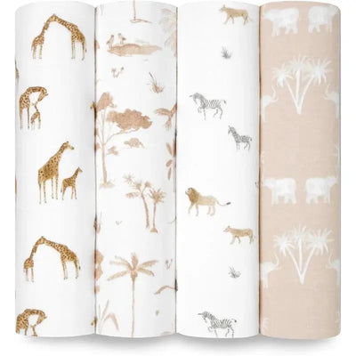 Four rolled swaddle blankets featuring safari-themed prints, including giraffes, zebras, lions, and elephants, in neutral tones.