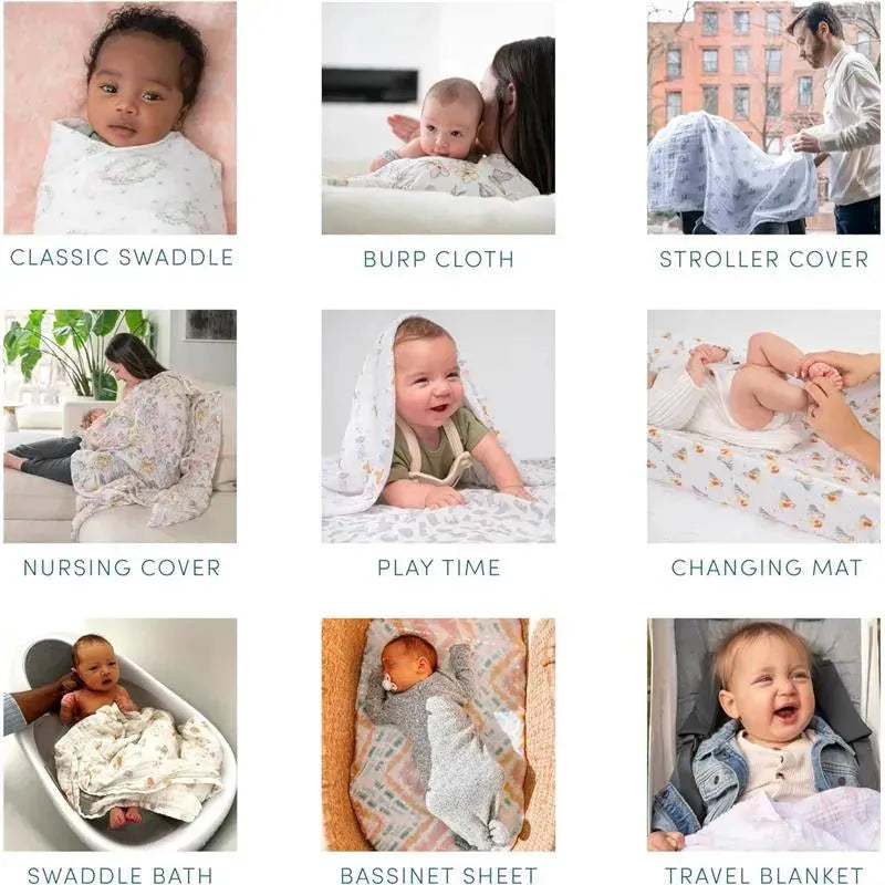 Four-pack of Aden + Anais organic cotton swaddle blankets featuring various uses like swaddling, nursing cover, and stroller cover.