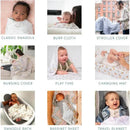 Four-pack of Aden + Anais organic cotton swaddle blankets featuring various uses like swaddling, nursing cover, and stroller cover.