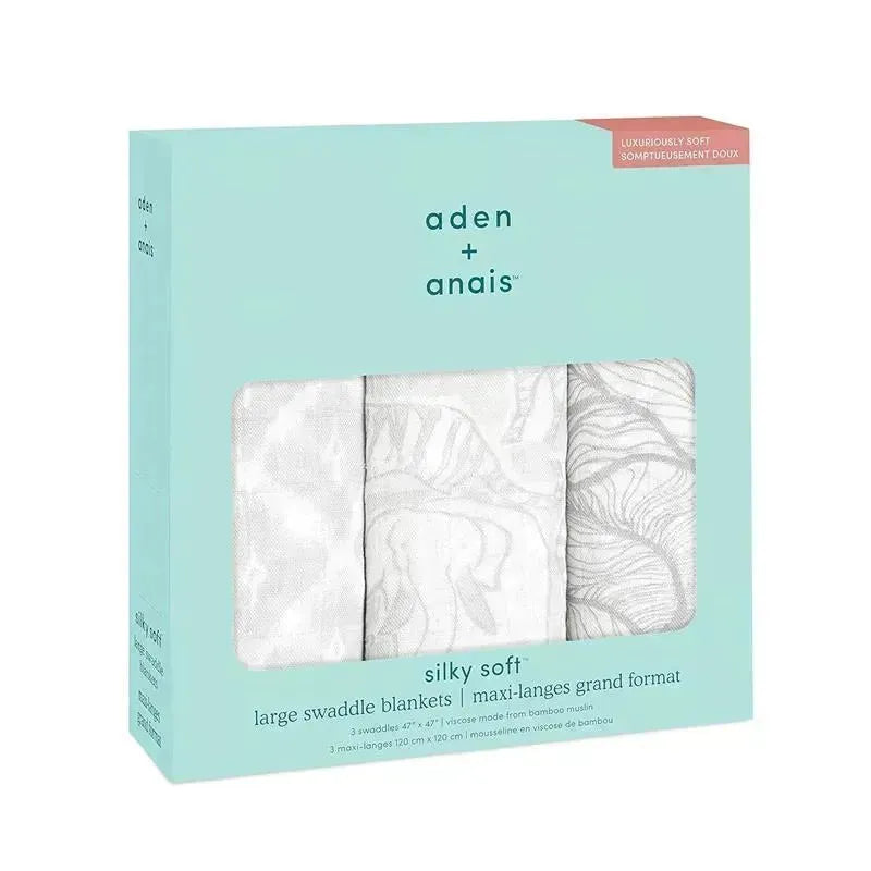 Three silky soft large swaddle blankets by Aden + Anais, packaged in a mint-colored box with floral designs.