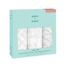 Three silky soft large swaddle blankets by Aden + Anais, packaged in a mint-colored box with floral designs.