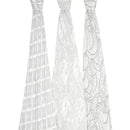 Three Aden + Anais silky soft swaddles featuring various light gray patterns, including a checked design and flowing leaves.
