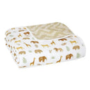 Aden + Anais Tanzania-Great Migration Blanket featuring animal prints and a patterned reverse side.