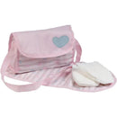 Classic pastel pink baby doll diaper bag with a heart design, includes a changing mat and two doll diapers.
