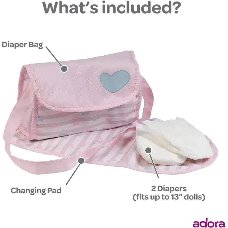 Classic pastel pink baby doll diaper bag with changing mat and two doll diapers for imaginative play.