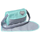 Baby doll diaper bag in zigzag print, featuring a changing mat and two doll diapers, with an elephant design.