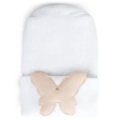 Linen white hospital hat for babies featuring a soft, beige petal butterfly design on the front.