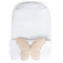 Linen white hospital hat for babies featuring a soft, beige petal butterfly design on the front.