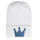 Newborn baby hospital hat in white with a linen denim crown embroidered on the cuff.