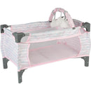 Deluxe pink pack-n-play with mesh sides and a toy bar featuring cloud-shaped toys for dolls.