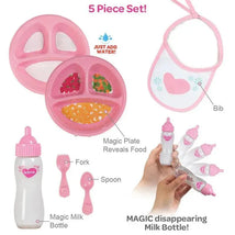Adora Magic Feeding Set featuring a pink 5-piece set with a magic plate, milk bottle, and utensils for imaginative play.
