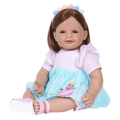 Adora Toddlertime Doll named Summer Flamingo, dressed in a pink and blue dress with ruffles and a flamingo design.
