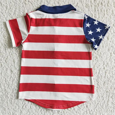 Red and white striped polo shirt for baby boys, featuring a blue star-patterned sleeve, ideal for Fourth of July celebrations.