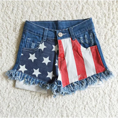 Denim star shorts for baby girls featuring an American flag design with frayed hems, ideal for summer and July 4th celebrations.