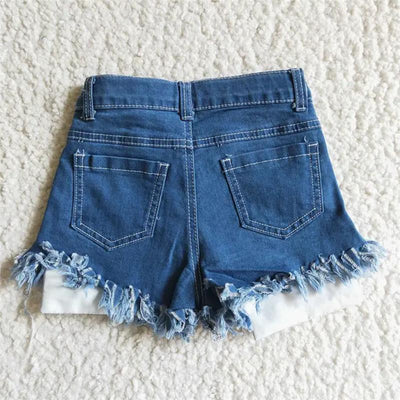 Denim shorts for baby girls, featuring frayed edges and a summer design suitable for the 4th of July.