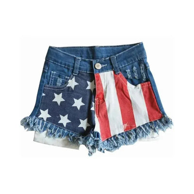 Denim shorts for baby girls featuring a design with blue fabric and white stars on one side, and red and white stripes on the other.