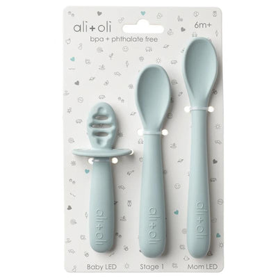 Three-piece multi-stage spoon set for babies, colored blue, includes Baby LED, Stage 1, and Mom LED spoons, BPA-free.