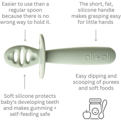 Multi-stage silicone spoon set for babies in pine color, designed for easy gripping and safe self-feeding.