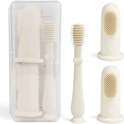 Ali + Oli Baby Finger Toothbrush and Tongue Cleaner Oral Set in ivory color, featuring three silicone brushes in a storage case.