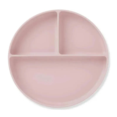 Divided baby plate with suction in pink, featuring three sections for portion control. Ideal for feeding young children.