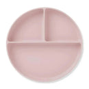 Divided baby plate with suction in pink, featuring three sections for portion control. Ideal for feeding young children.